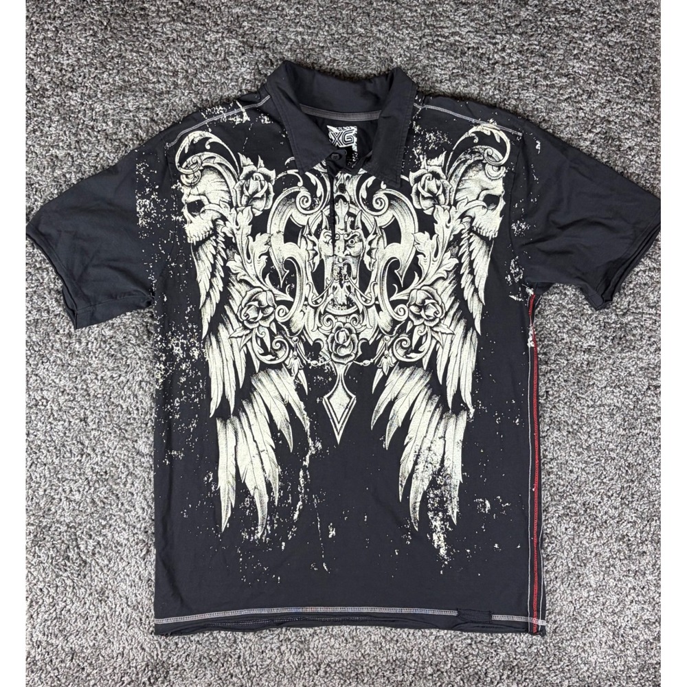 XG Mens Black Gothic Skull Wing Graphic Polo Shirt XL Y2K Distressed Cotton